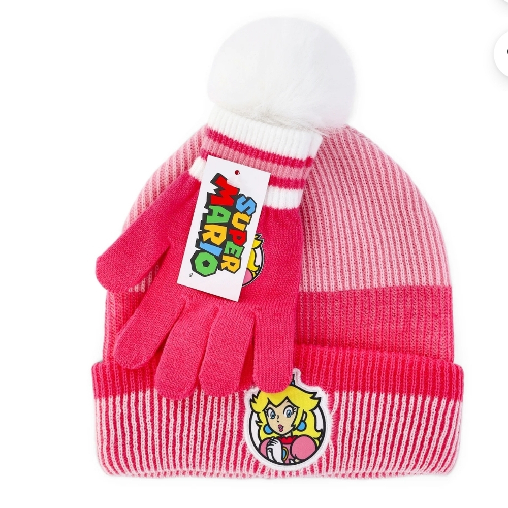 Nintendo Super Mario Pink White Pom Pom Beanie and Gloves Set